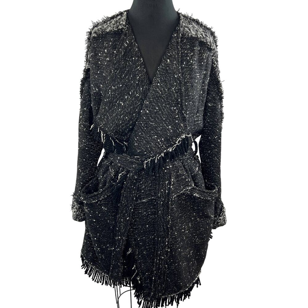 FREE PEOPLE Wool Blend Black White Tweed Fringe Belted Blanket Coat Wrap Boho M